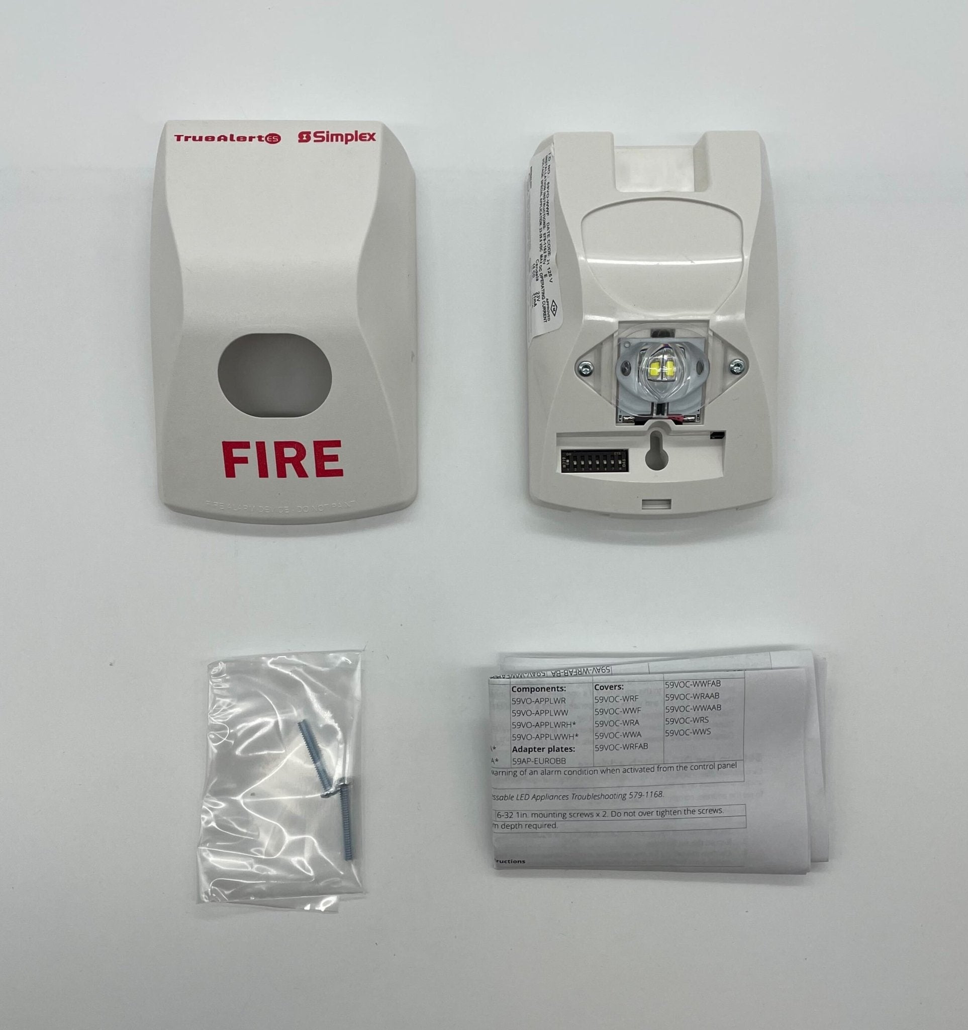 Simplex 59VO-WWF fire alarm with white plastic casing and mounting bracket, designed for fire detection in commercial buildings.