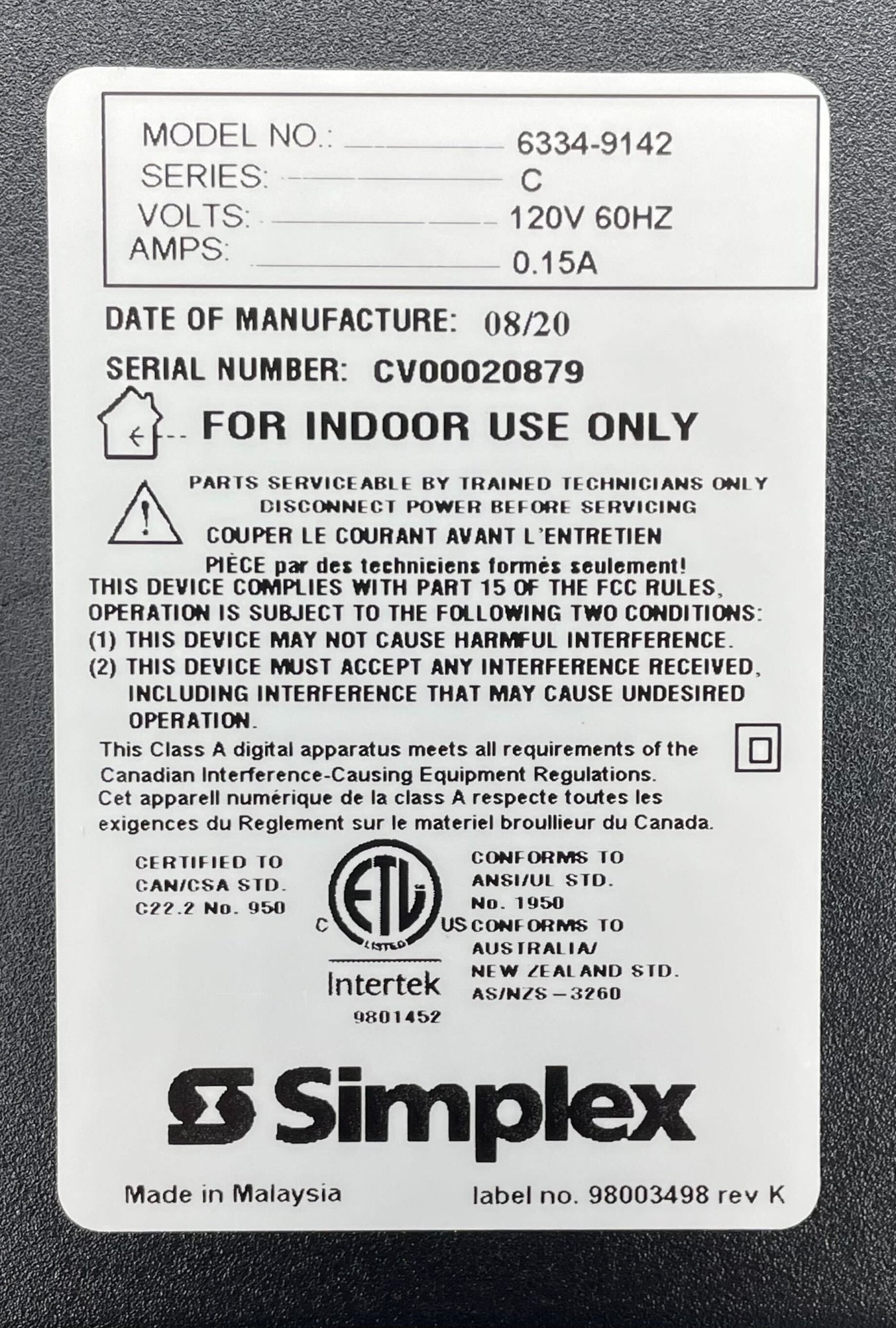 Simplex 6334-9142 fire alarm device with white plastic casing, designed for fire detection and safety systems.