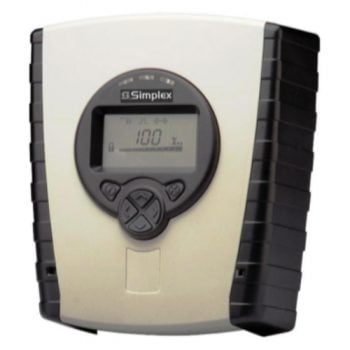 Simplex 4098-9020 fire alarm sensor from Simplex mounted on ceiling with wiring visible.
