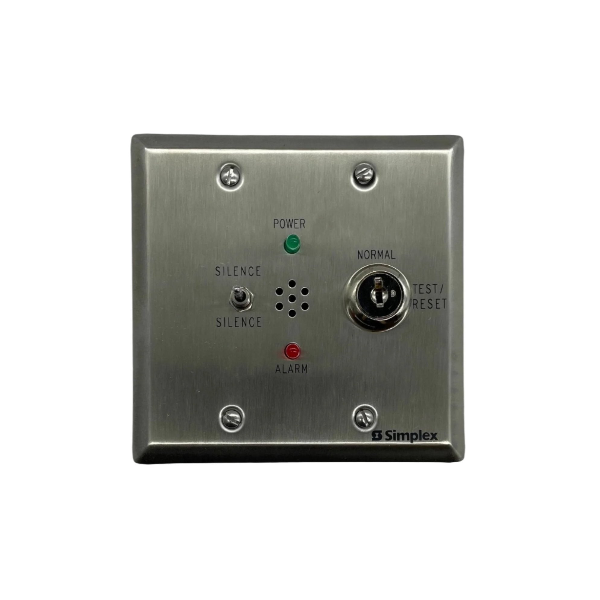 Simplex 4098-9842 fire alarm sensor mounted on ceiling, part of Simplex fire alarm system, with warning indicator and wiring visible