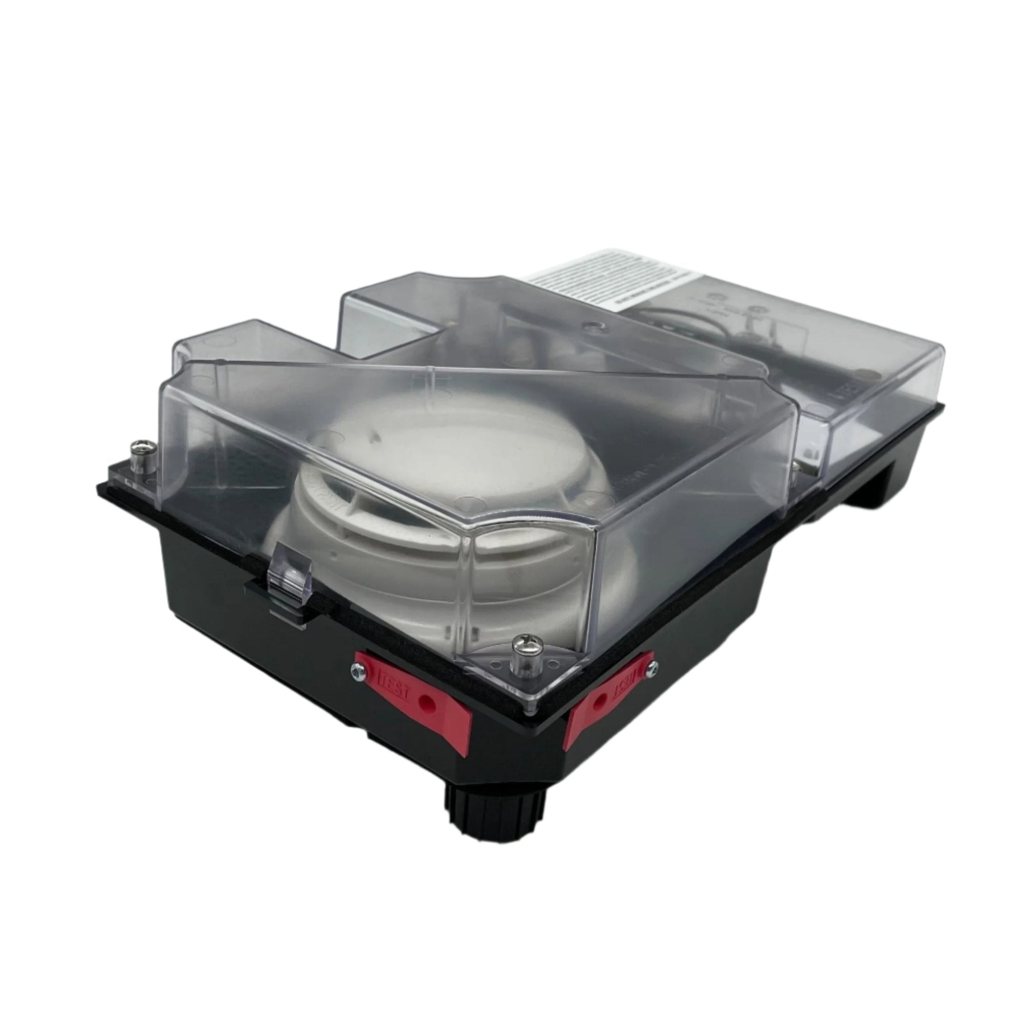 Simplex 4098-9687 duct detector installed in a ceiling, part of Simplex fire detection system with wiring and mounting hardware visible.