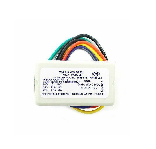 Simplex 2098-9737 fire alarm with red casing and test button, mounted on a wall for fire safety detection.