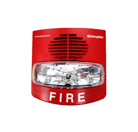 Simplex 49AV-WRF-BA fire alarm with white cover and alarm horn, mounted on wall, by Simplex.