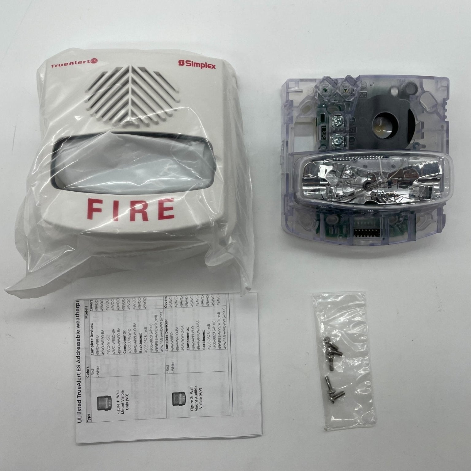 Simplex 49AV-WWFO-BA fire alarm device with white finish and alarm indicator, designed for building safety and fire detection.