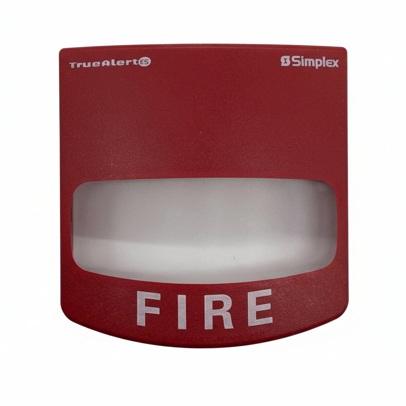 Simplex 49VO-WRF horn strobe alarm device with white housing and mounting bracket, designed for emergency alert systems.