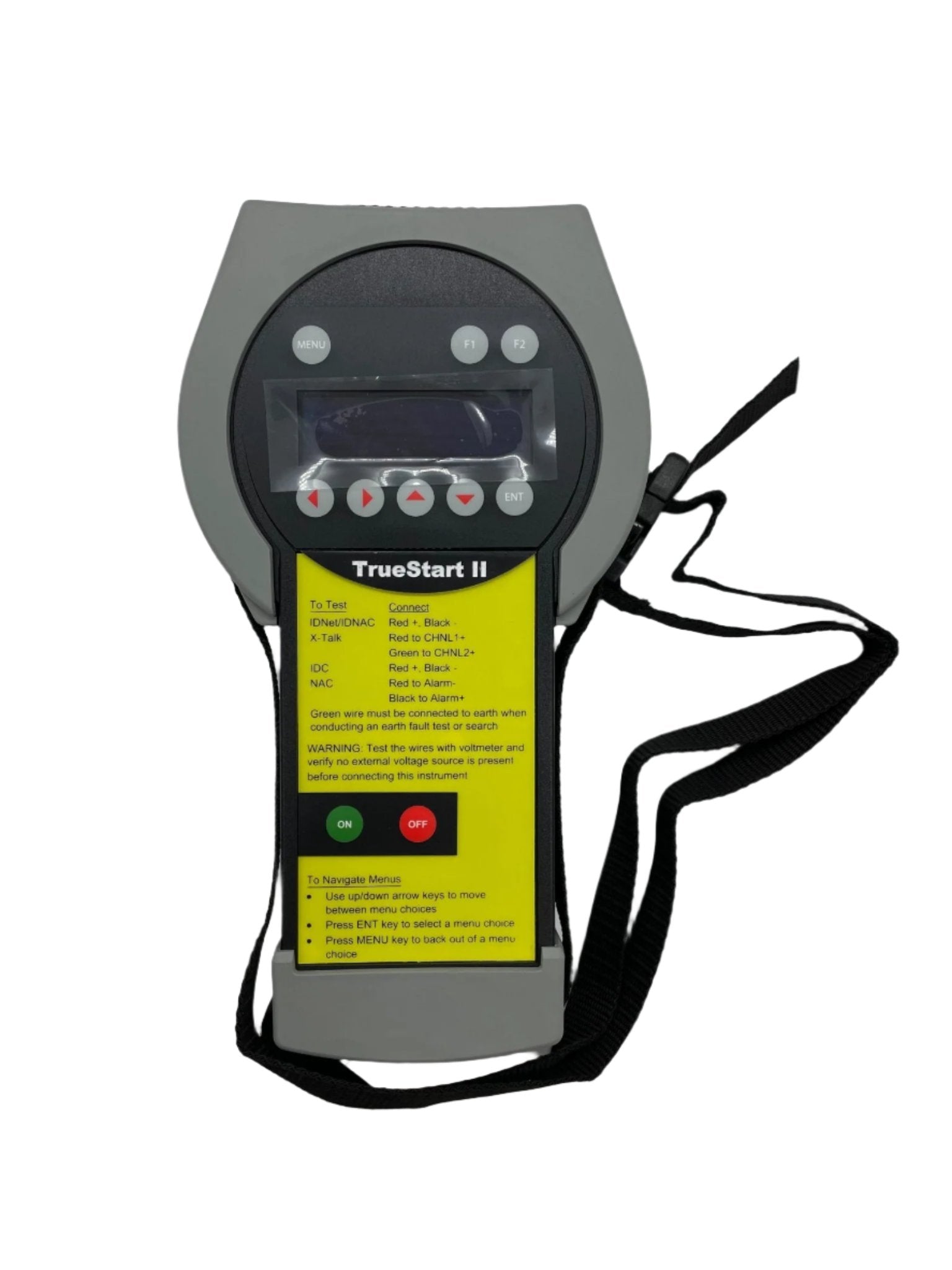 Simplex TRUESTART2 fire alarm testing instrument with digital display and testing buttons, used for fire alarm system analysis.