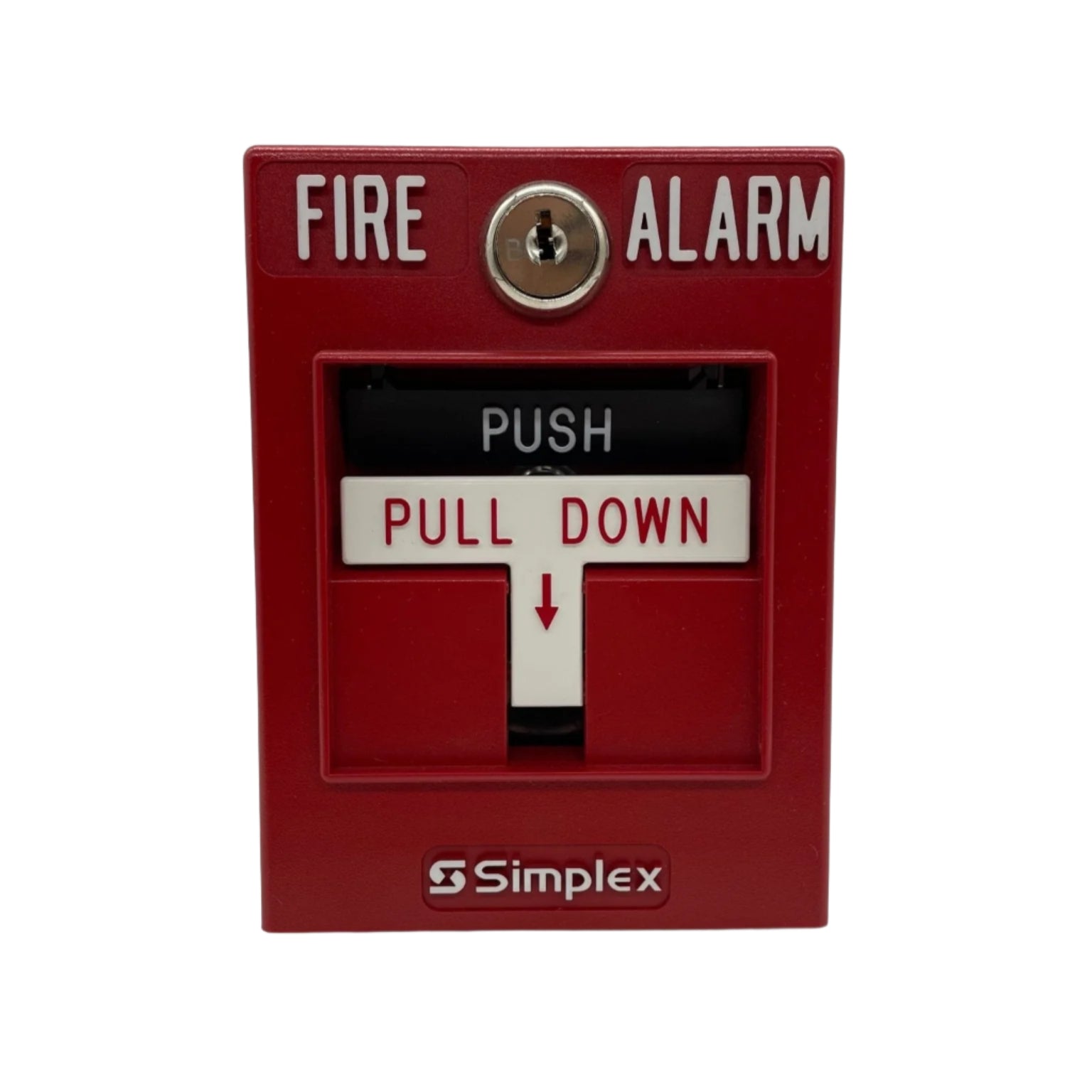 Simplex 2099-9759 pull station fire alarm device mounted on wall, part of Simplex fire safety system.