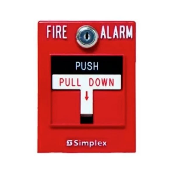 Simplex 4099-9006 pull station, fire alarm switch with red cover and push button, mounted on wall for emergency alert system.