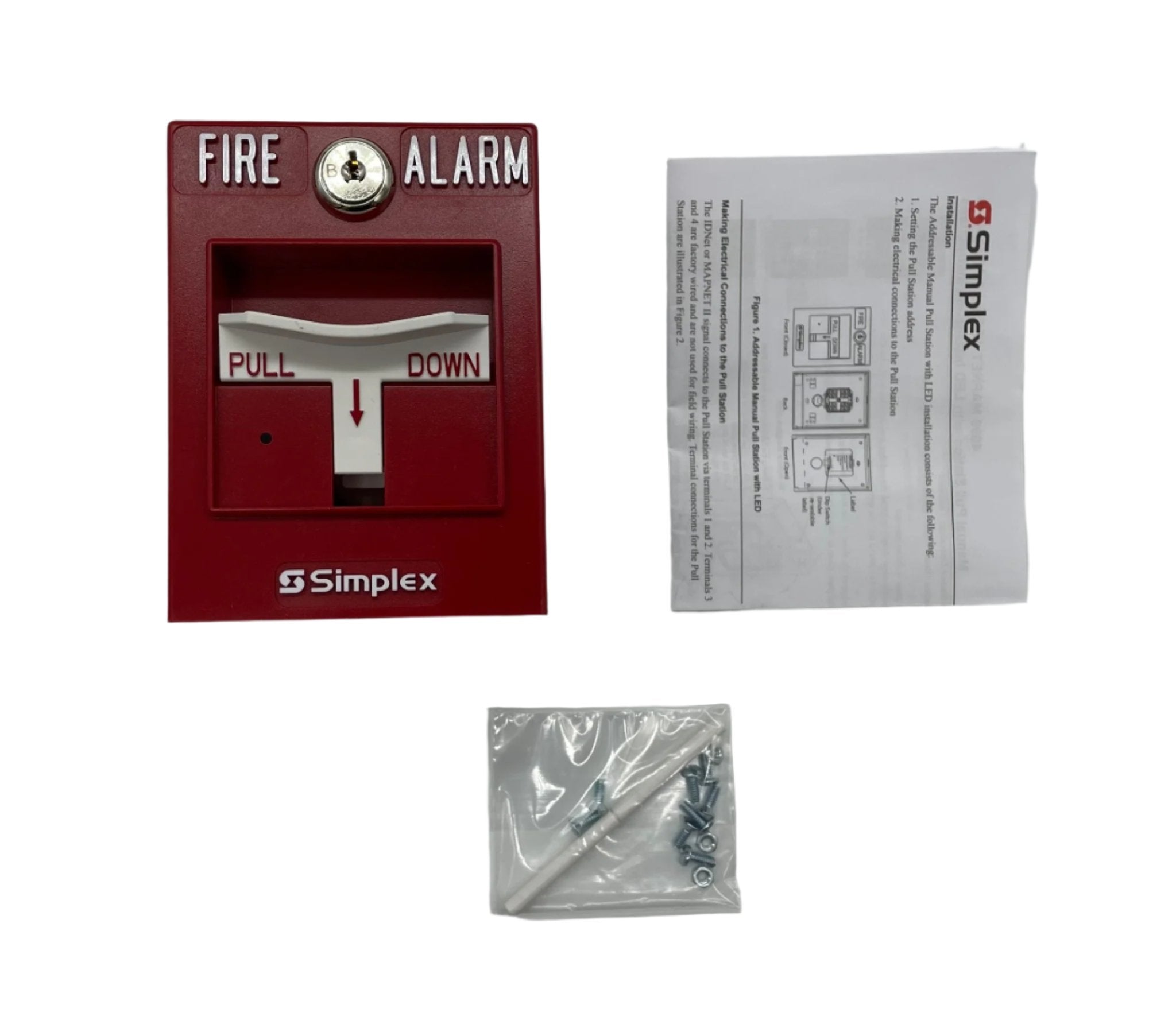 Simplex 4099-9021 pull station fire alarm device by Simplex, mounted on a wall with warning label visible.