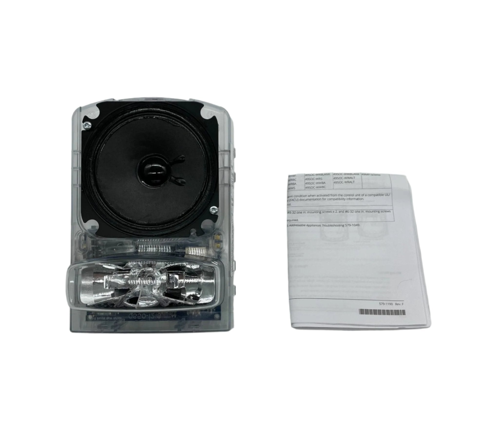 Simplex 49HFV-APPLW speaker strobe light with white cover and mounting hardware, designed for fire alarm systems.