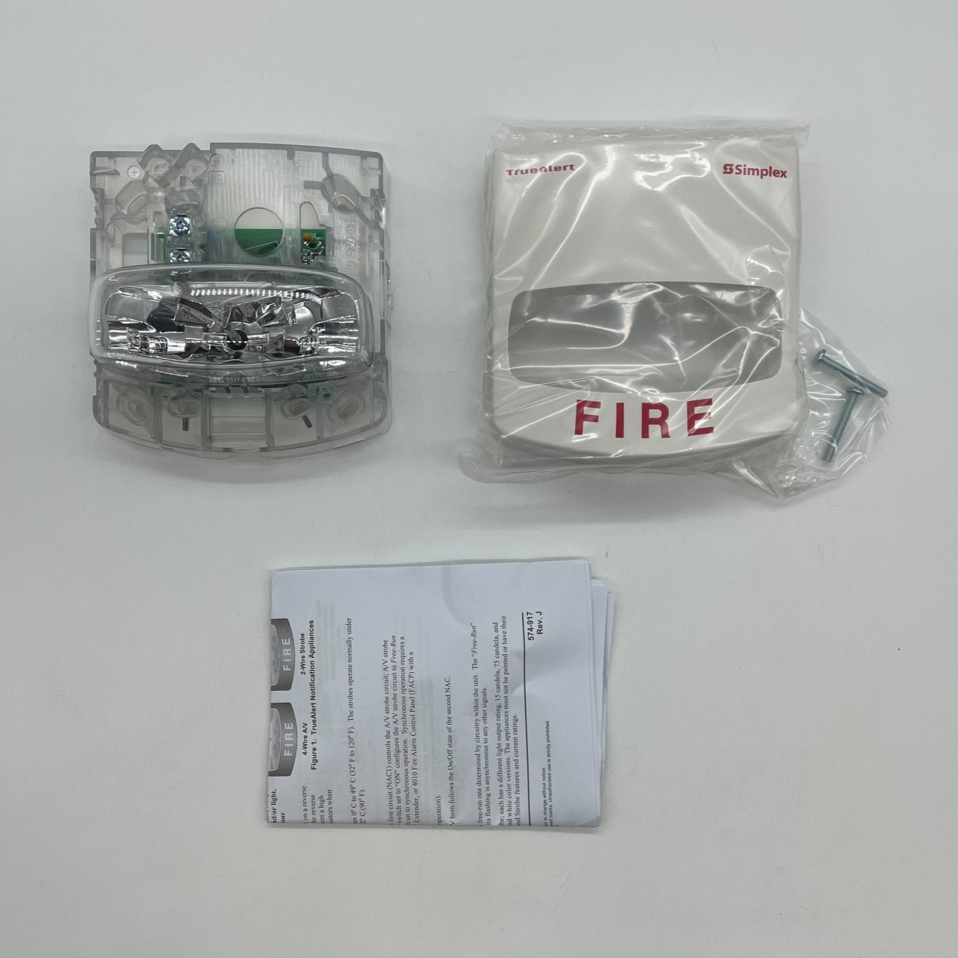 Simplex 4904-9171 fire alarm unit with alarm indicator and mounting hardware, branded Simplex, on a white background.