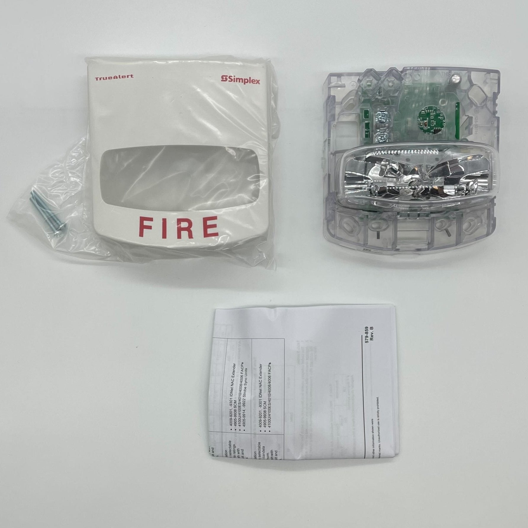 Simplex 4906-9111 fire alarm with white plastic housing and mounting bracket, designed for building safety systems.