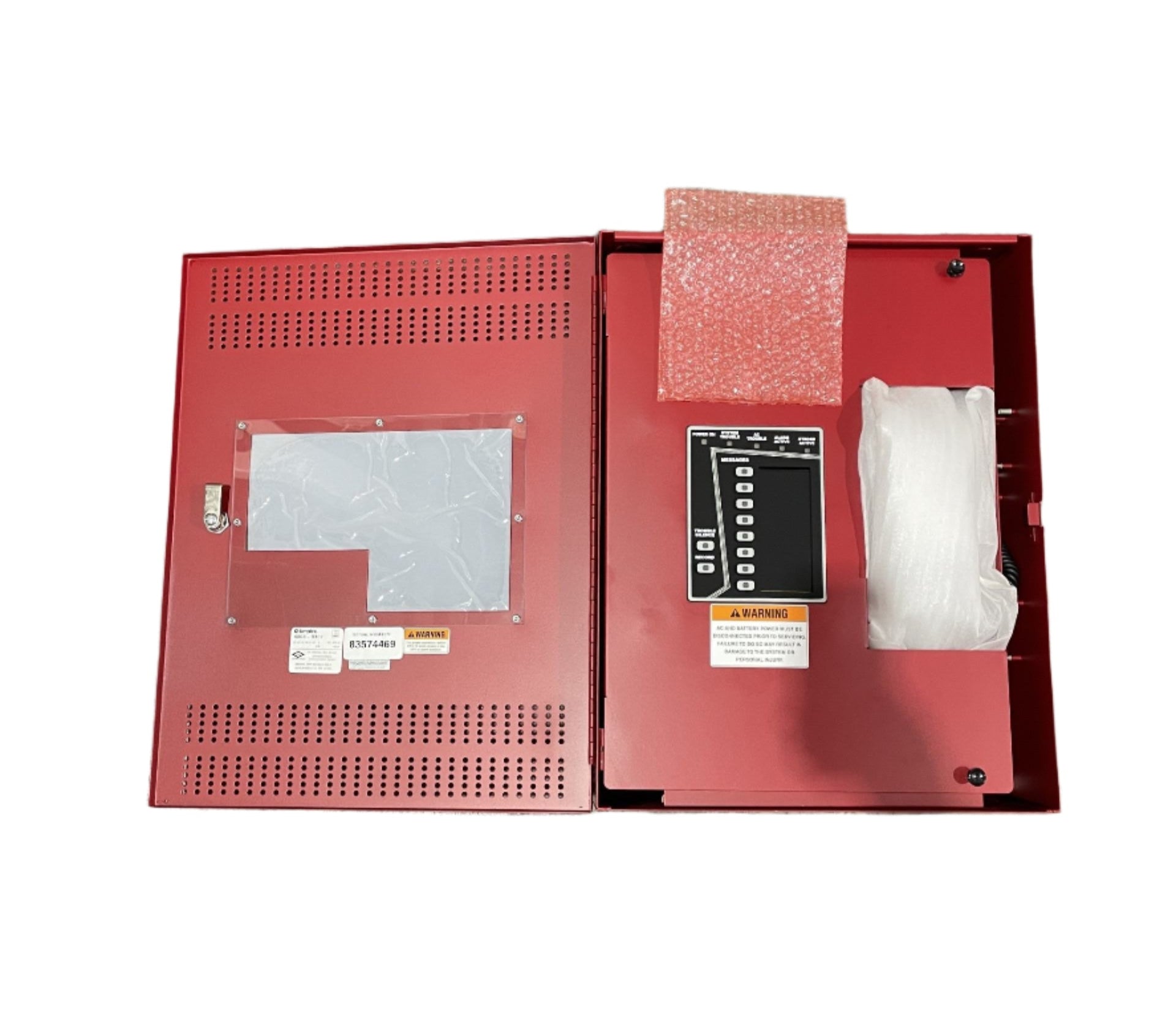 Simplex 4003-9302 fire alarm with alarm bell and wiring, mounted on wall, for fire safety and emergency alert systems.
