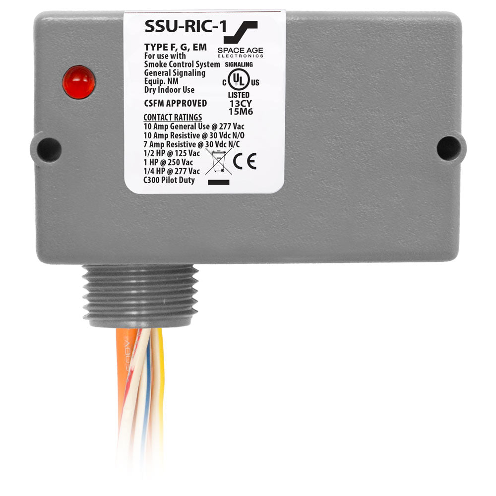 Space Age SSU-RIC-1 fire alarm with alarm indicator and wiring connections, designed for building safety and fire detection.