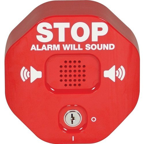 Red STI-6400 Exit Stopper and Multifunction Door Alarm installed on a door for security and safety.
