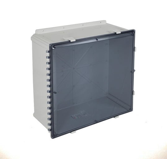 STI EP242410-T polycarbonate tinted enclosure for fire alarms, durable and weather-resistant, mounted on a wall.