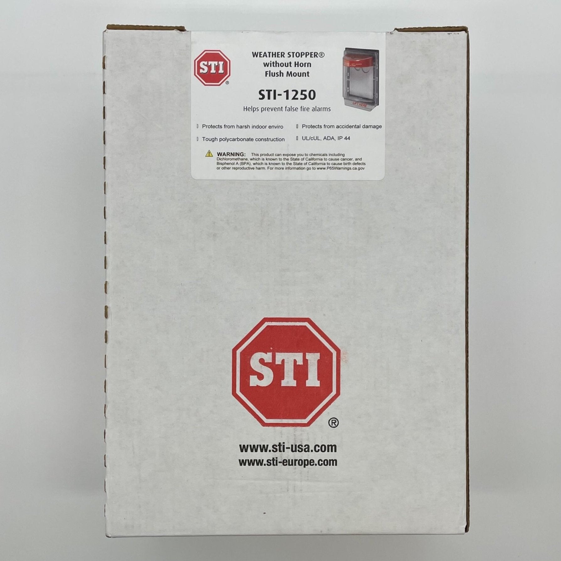 STI-1250 Weather Stopper fire alarm without horn, flush mount, designed for outdoor safety and weather resistance.