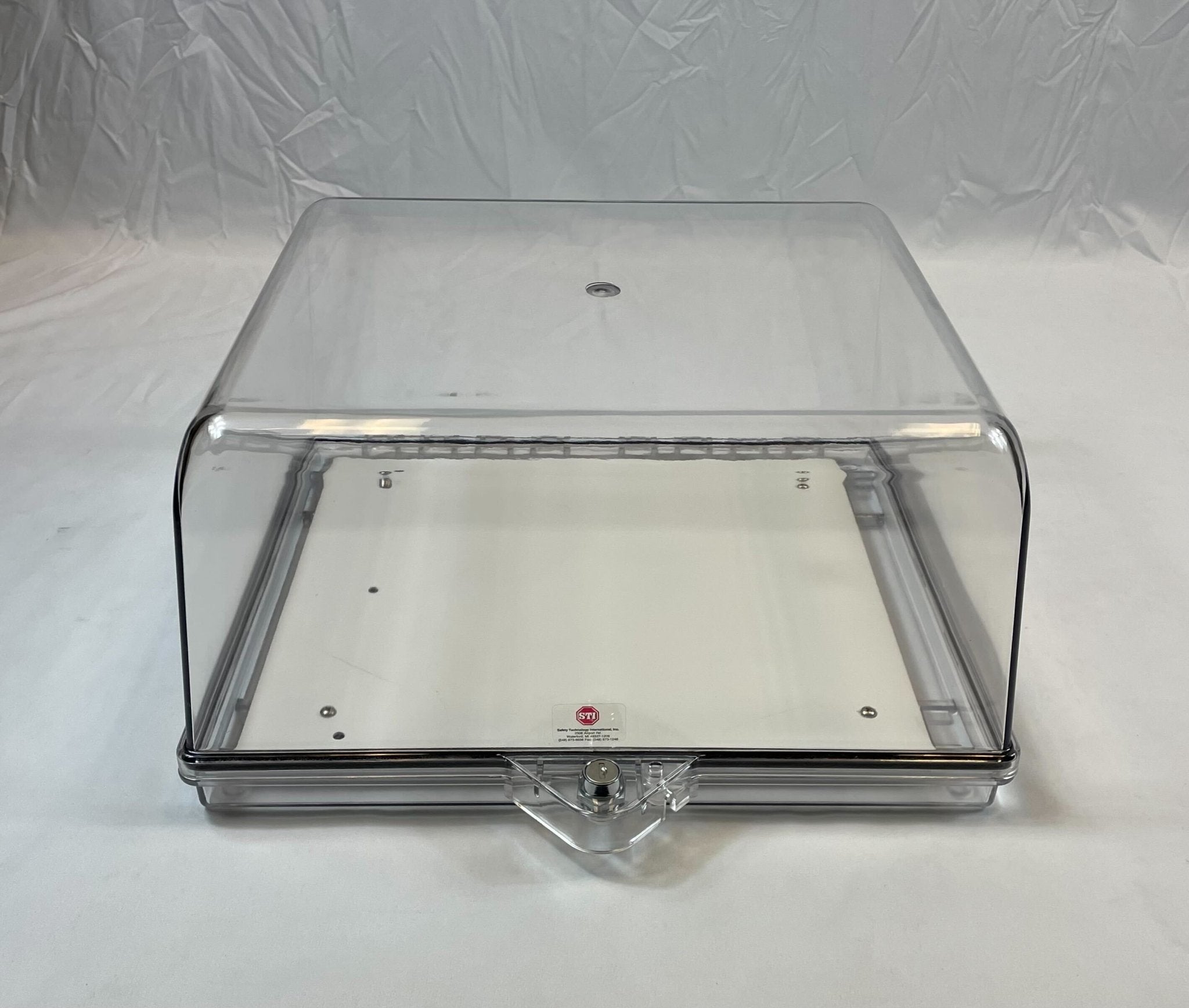 Polycarbonate STI-7530 protective cabinet with backplate for stoppers, durable and secure for safety applications.