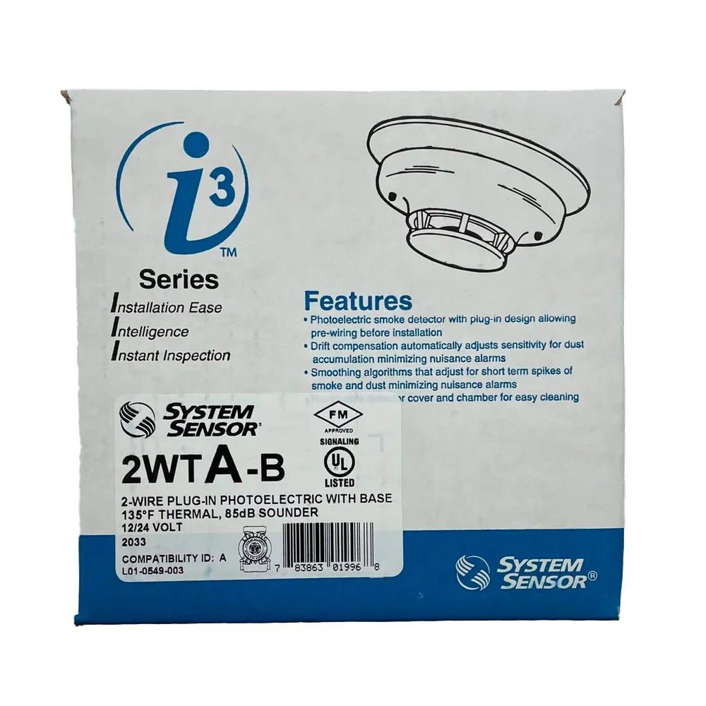 System Sensor 2WTA-B wireless temperature transmitter with digital display and mounting bracket for HVAC systems.