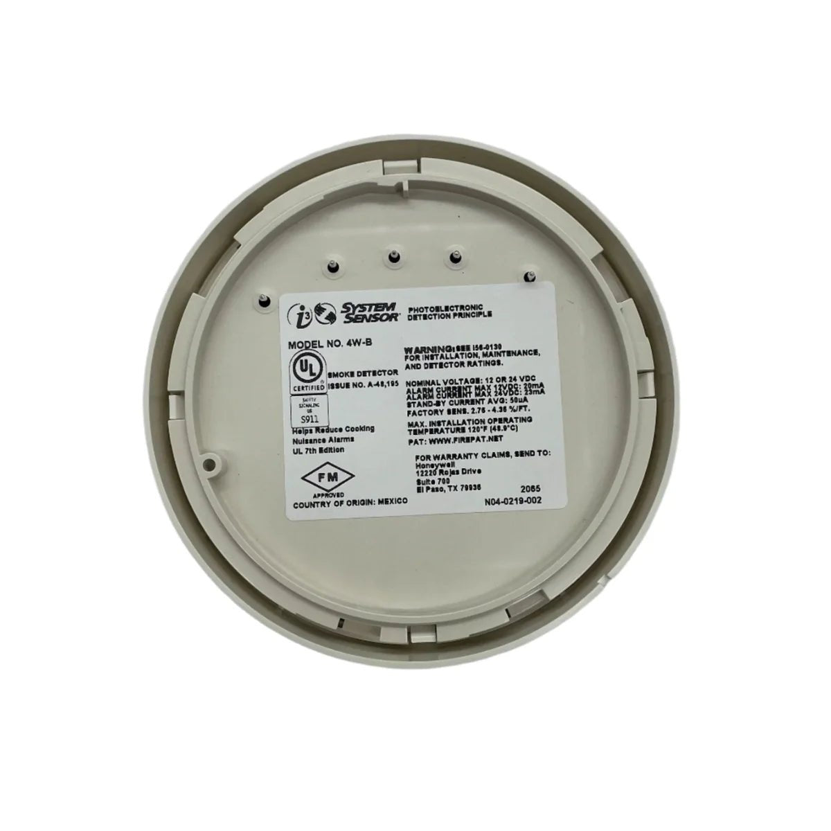 System Sensor 4W-B fire alarm control module mounted on a panel, featuring LED indicators and connection terminals.