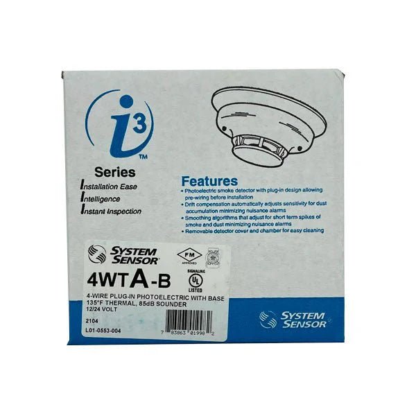 System Sensor 4WTA-B wireless heat detector mounted on a ceiling, designed for fire detection in commercial buildings.