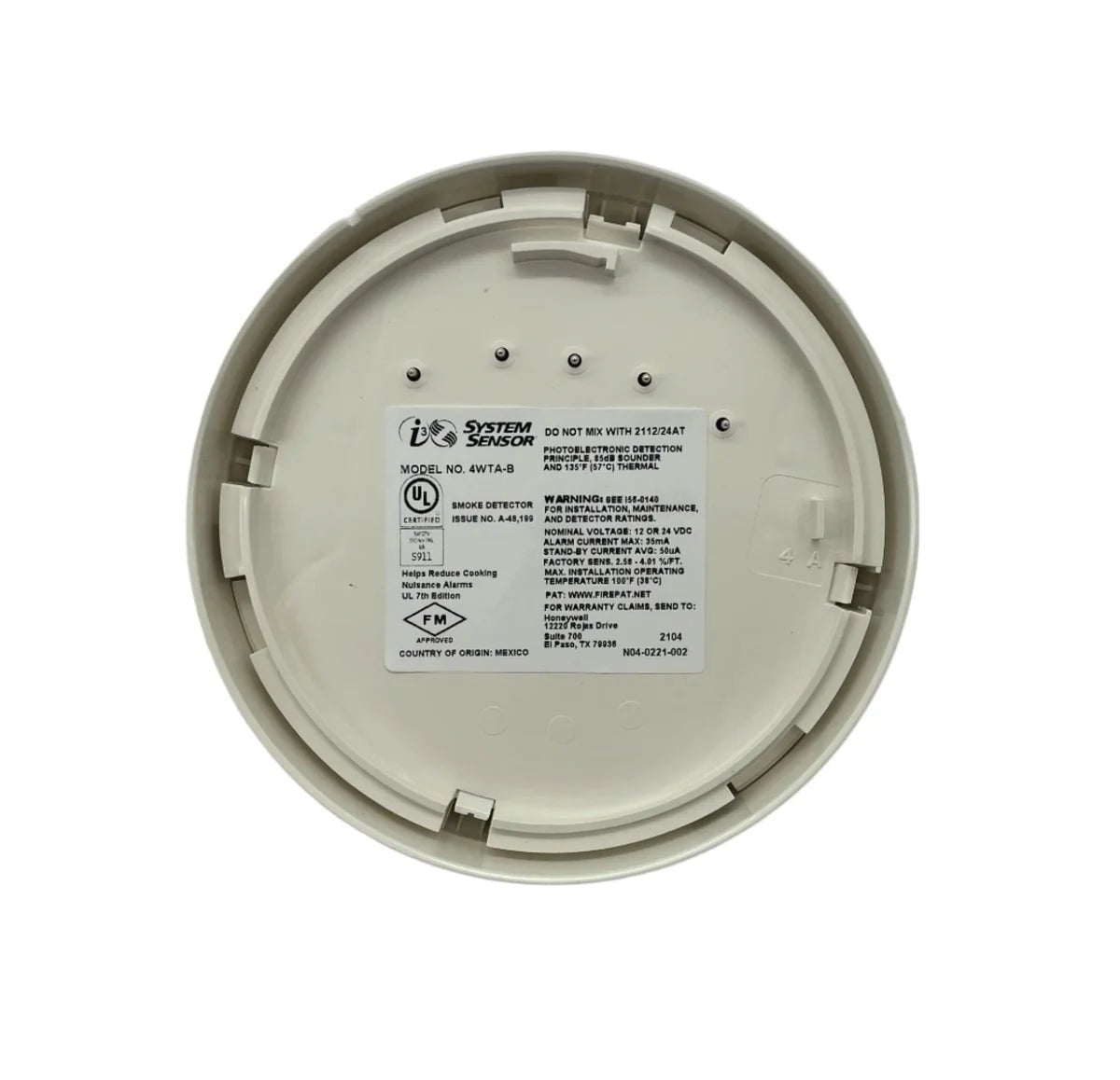System Sensor 4WTA-B wireless alarm transmitter with mounting hardware and LED indicator for security systems.