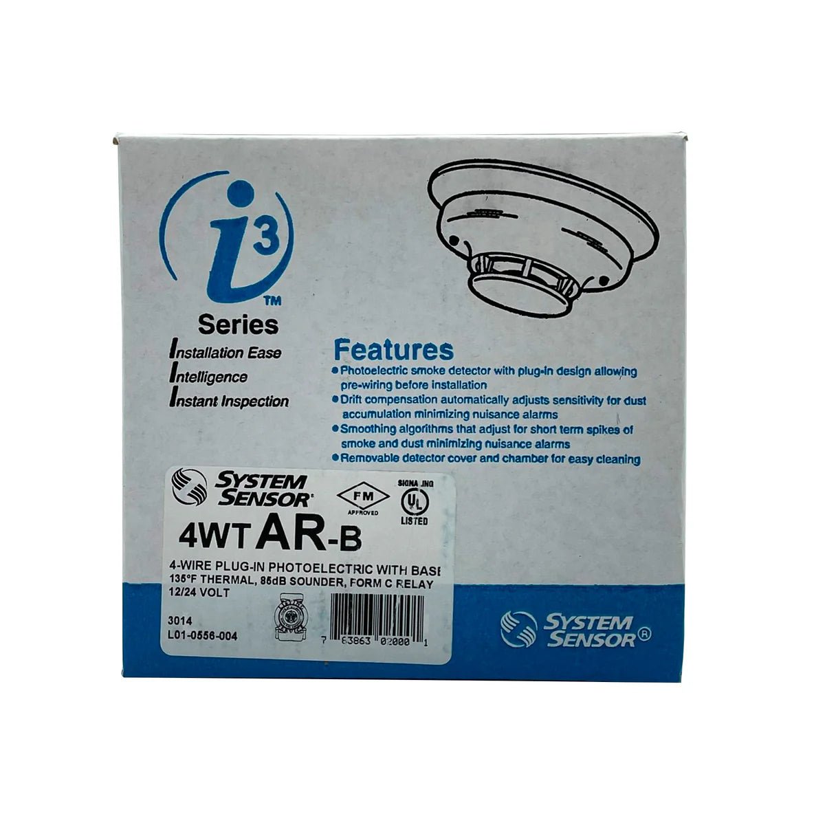 System Sensor 4WTAR-B wireless smoke detector with alarm test feature and mounting base, designed for fire safety.