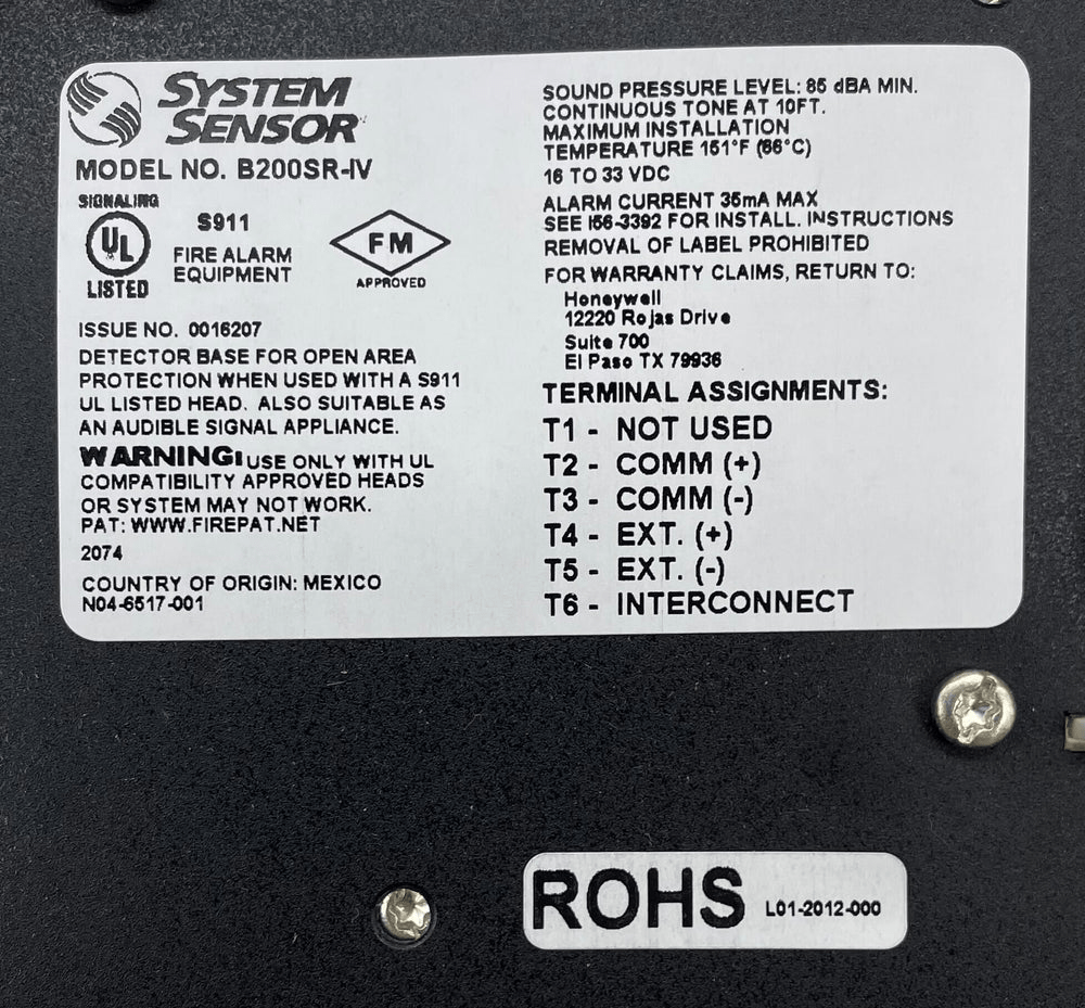 System Sensor B200SR-IV fire alarm sensor with wiring and mounting hardware, designed for fire detection systems.