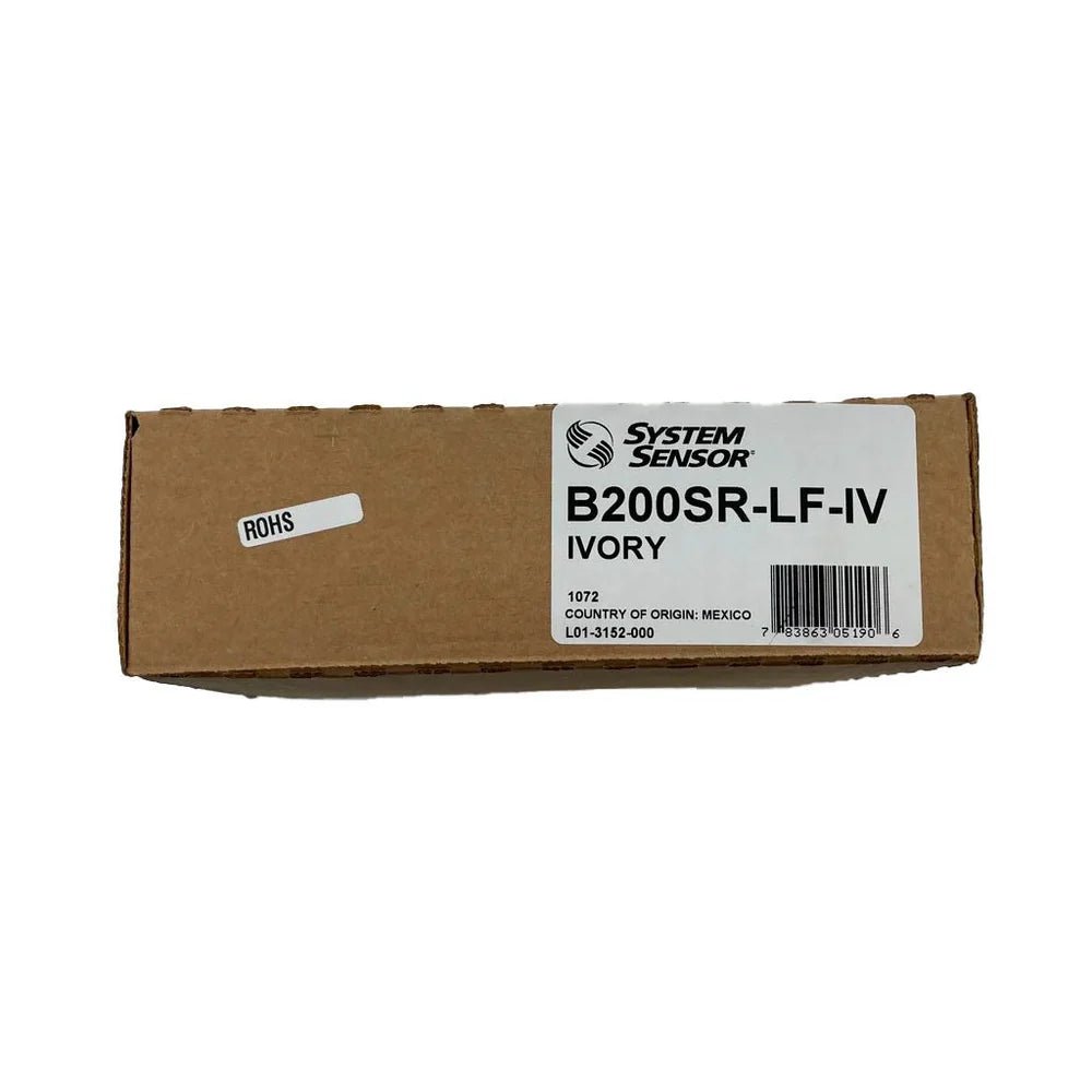 System Sensor B200SR-LF-IV fire alarm sensor with black housing, mounted on a white ceiling.