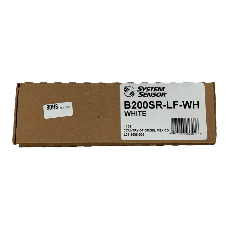 System Sensor B200SR-LF-WH smoke and heat detector with white plastic housing, mounted on a ceiling.