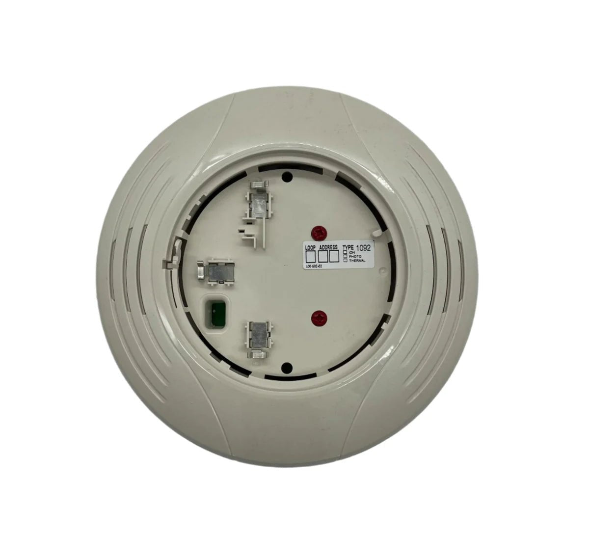 System Sensor B224BI-IV fire alarm detector with dual photoelectric and ionization sensors, mounted on ceiling in a commercial setting.
