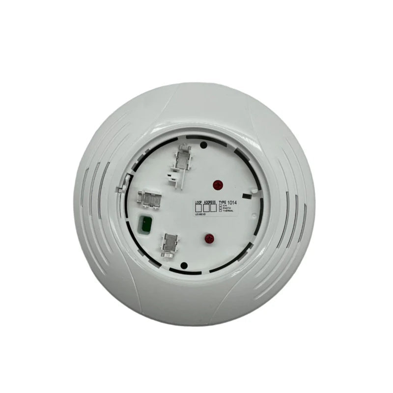System Sensor B224BI-WH photo showing a white dual-action smoke and carbon monoxide detector with mounting bracket.