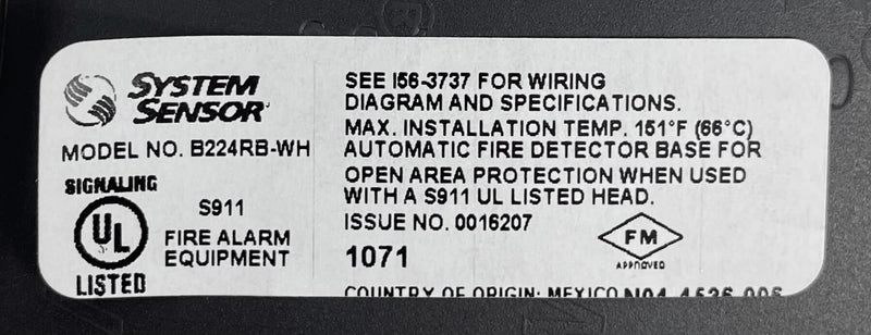 System Sensor B224RB-WH smoke detector with red reset button and white casing, mounted on ceiling.
