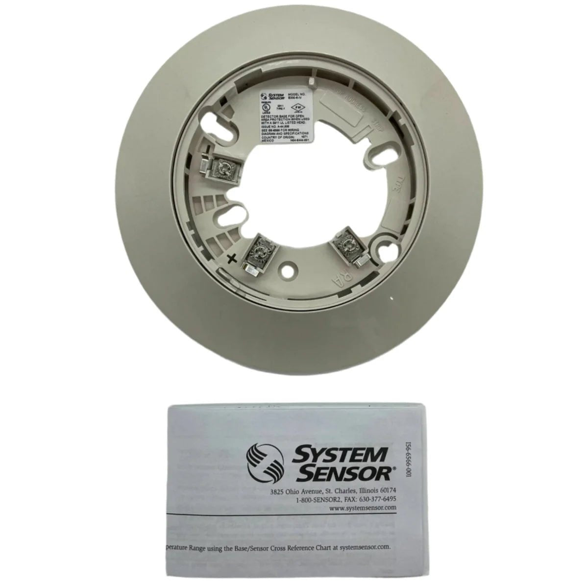 System Sensor B300-6-IV fire alarm detector with integrated junction module, mounted on ceiling in a commercial setting