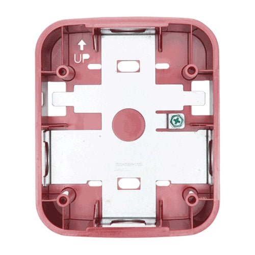 Red surface mount back box for wall speakers by System Sensor Canada, designed for secure installation in UL-listed systems.