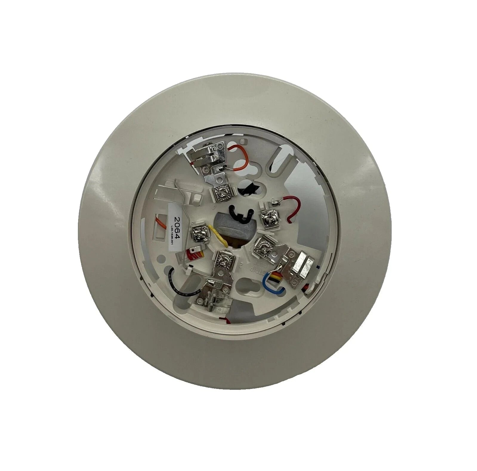 System Sensor B114LP smoke detector with test and reset buttons, mounted on ceiling for fire safety detection.