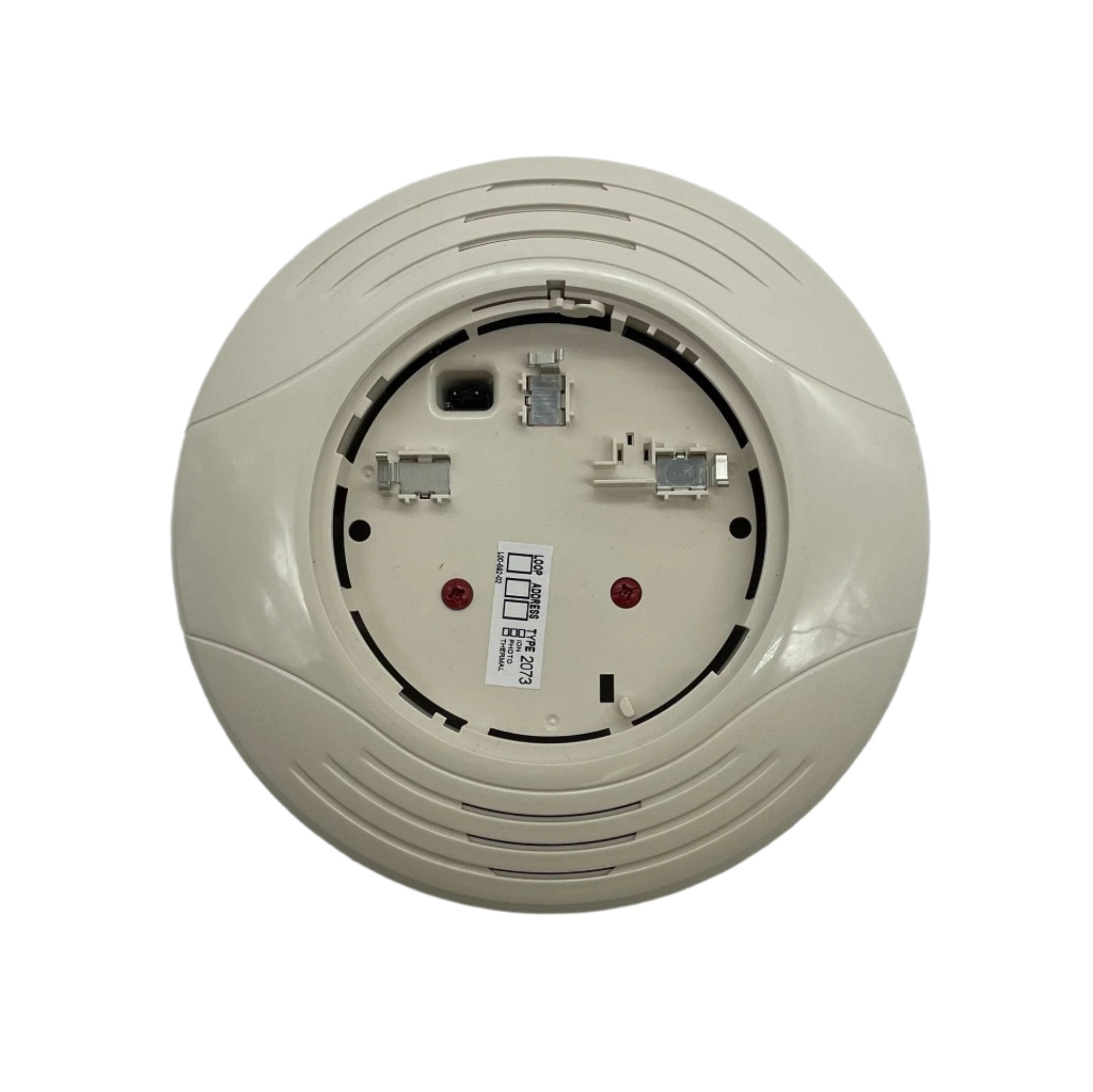 System Sensor B200SR-IV fire alarm smoke detector mounted on ceiling, with wiring and mounting bracket visible.