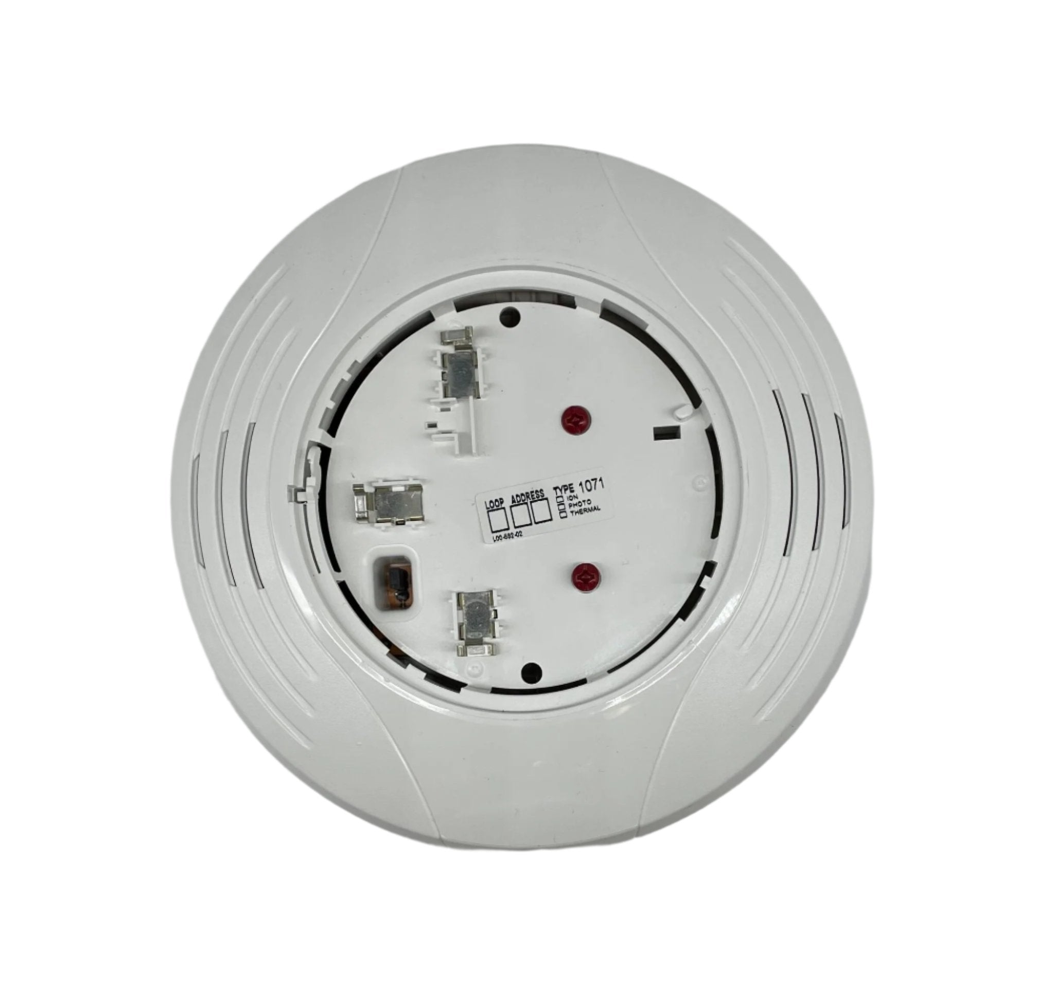 System Sensor B224RB-WH smoke detector with red LED indicator mounted on white ceiling tile.