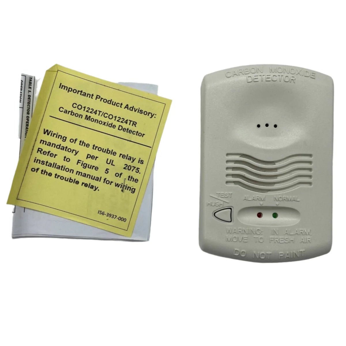 System Sensor CO1224T carbon monoxide detector with digital display and alarm, mounted on a ceiling.