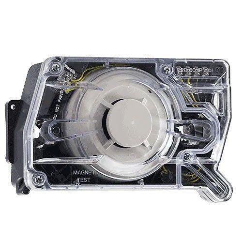 System Sensor D4S fire alarm sensor mounted on ceiling with wiring visible, designed for commercial fire detection systems.