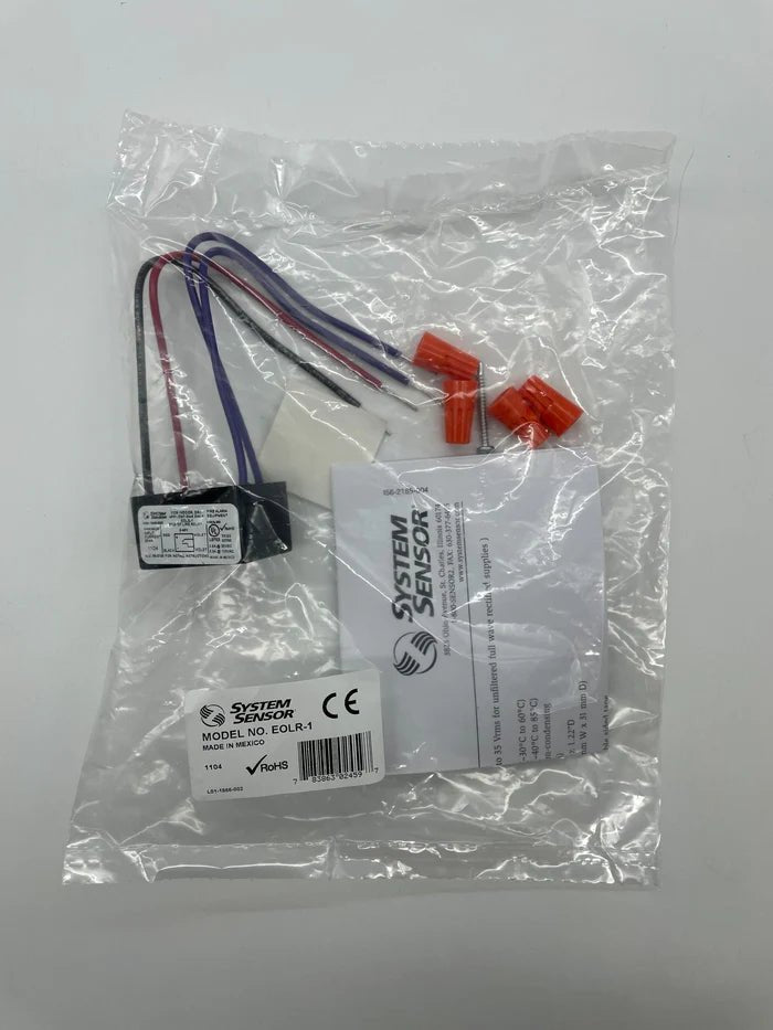 System Sensor EOLR-1 alarm relay module with wiring and mounting components on a white background.