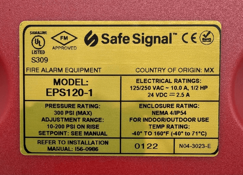 System Sensor EPS120-1 fire alarm control panel with digital display and control buttons on a white background.
