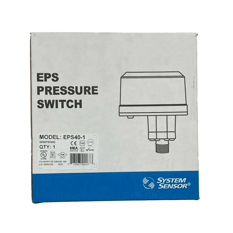 System Sensor EPS40-1 fire alarm control panel with display and control buttons, mounted on a wall.
