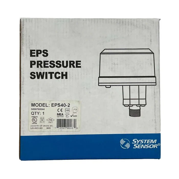 System Sensor EPS40-2 fire alarm system detector with black housing and mounting bracket on a neutral background.