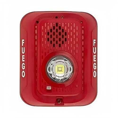 System Sensor P2RLED-SP fire alarm with red LED indicator, mounted on ceiling, part of fire safety and alarm system.