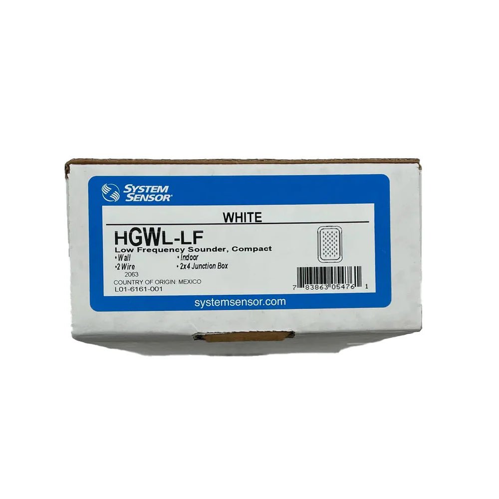 System Sensor HGWL-LF fire alarm horn/strobe with white housing, mounted on ceiling for emergency alert signaling