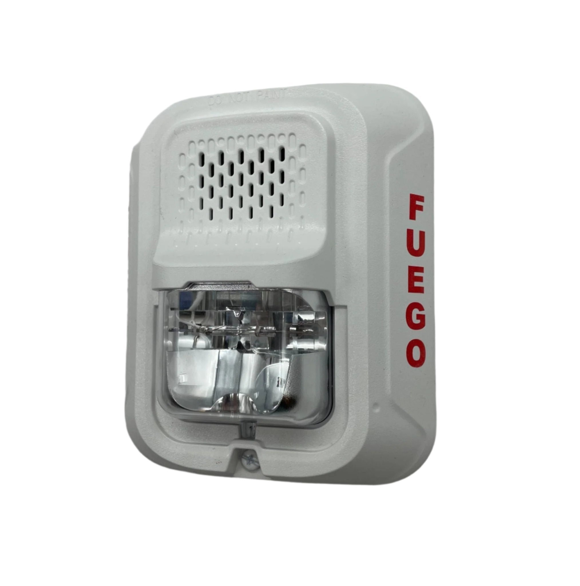 System Sensor P2WL-SP fire alarm with white rectangular design and test/silence buttons, mounted on a wall.