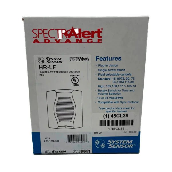 System Sensor HR-LF smoke and heat detector mounted on ceiling, designed for fire safety in commercial buildings.