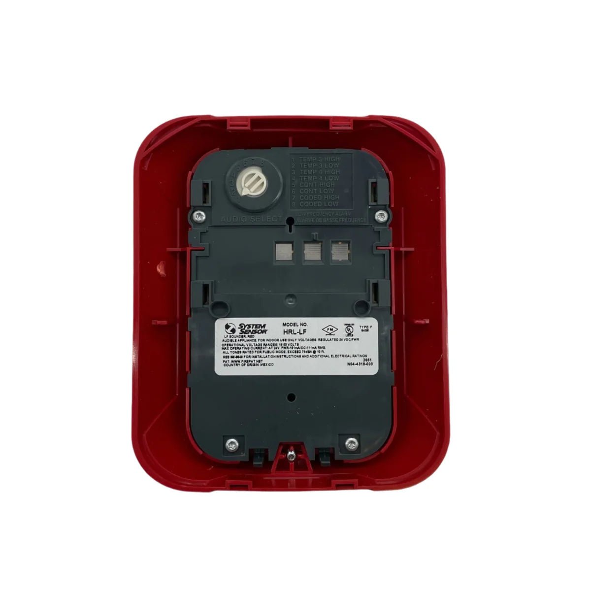 System Sensor HRL-LF smoke detector with red LED indicator, mounted on ceiling, for fire and smoke detection in buildings.