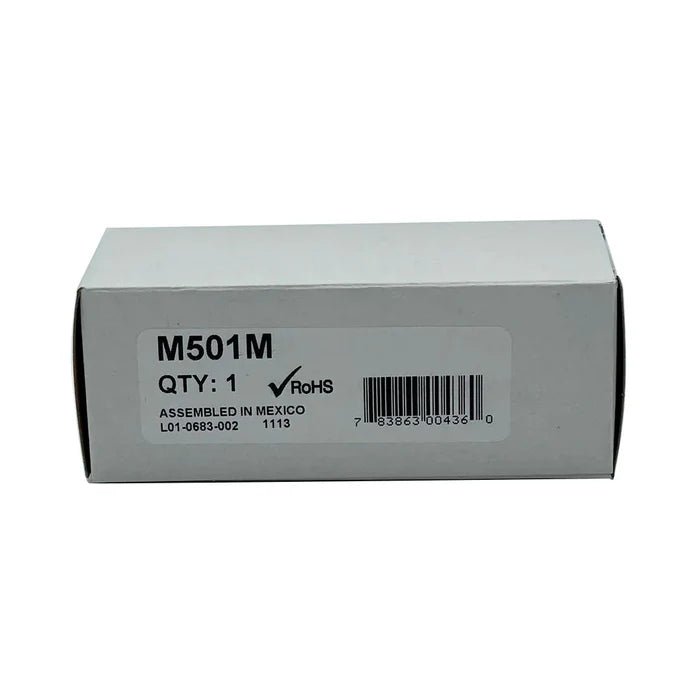 System Sensor M501M fire alarm module showing front view with wiring connections and model details.